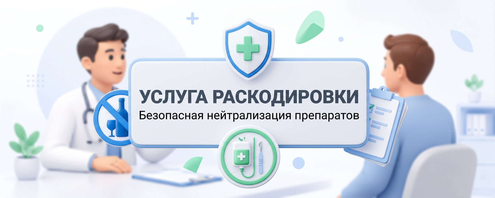Услуга раскодировки: безопасная нейтрализация препаратов с изображением консультации врача и пациента